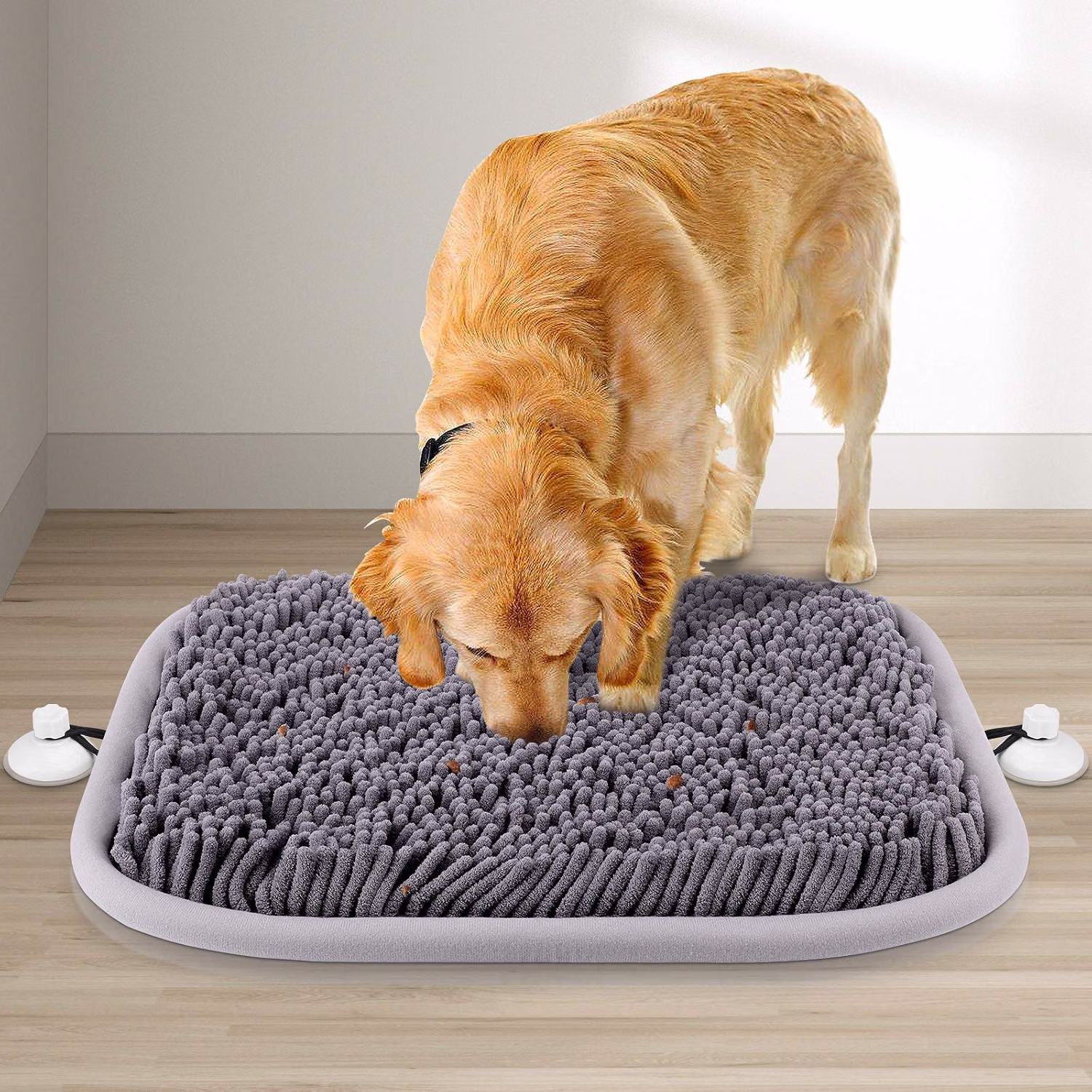 Dog using a snuffle mat for mental enrichment